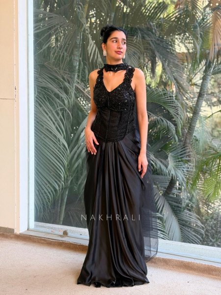 Velora Black Corset Skirt Set with Sequin and Cut Dana Work