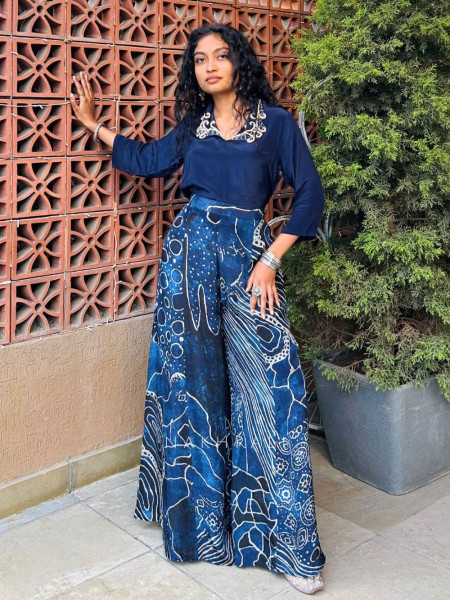 Mireya Blue Co-ord Set with Printed Wide Palazzo