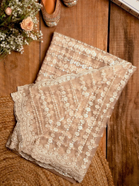 Dandelions Beige Net Saree with Pearl, Sequin & Bead Work