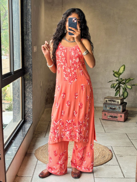Solira Coral Peach Rayon Kurta Pant Set with Chikankari Work