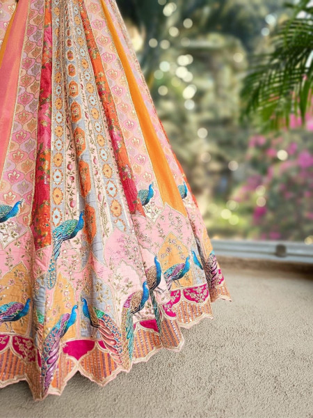 Mayra Orange Silk Lehenga with Peacock Motif Work