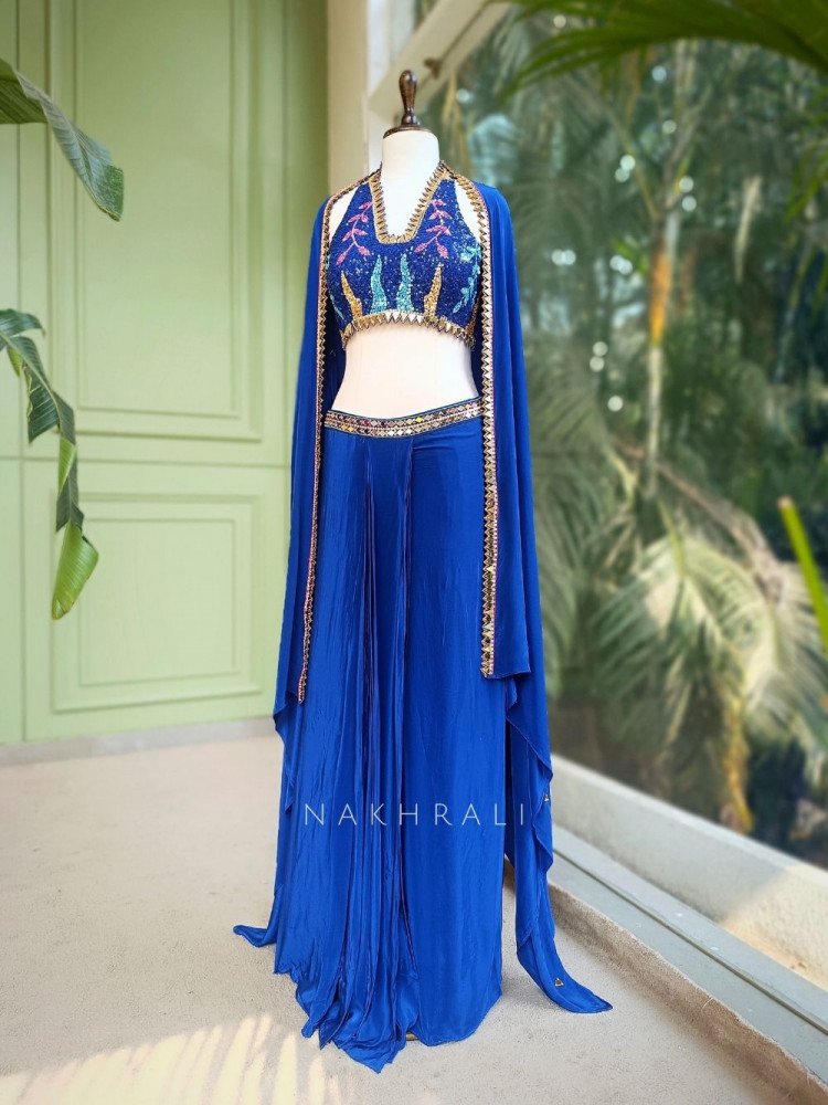 Image of Willow Blue Halter Indo-Western Set with Cape Shrug