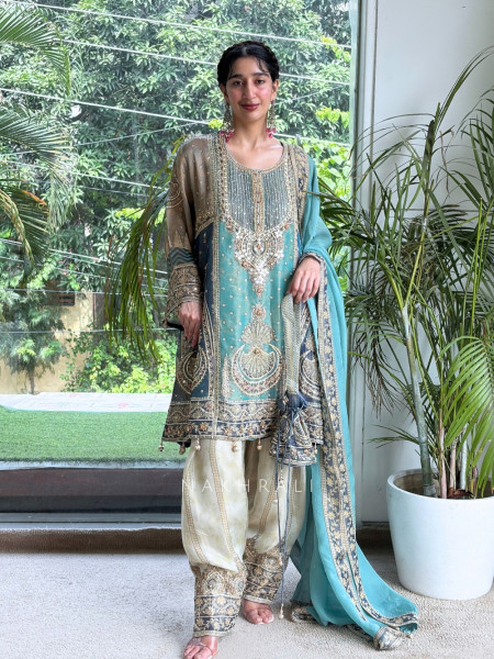 Falak Tissue Silk Heritage Sea Green Suit Set