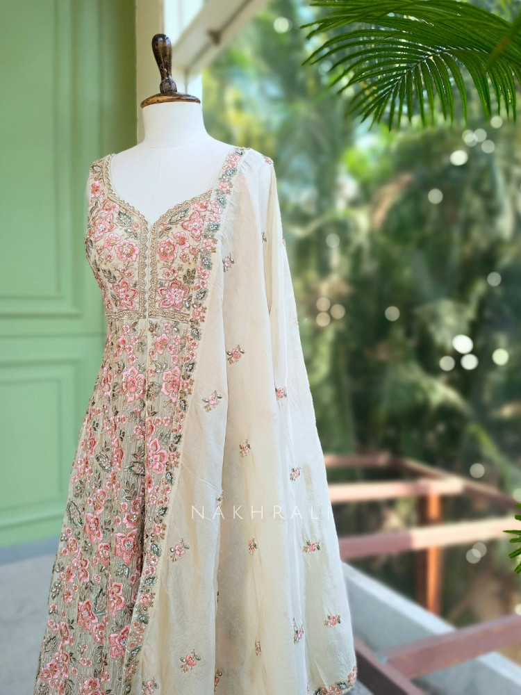 Image of Vyona Cream Indo Western Lehenga with Thread Sequin Work