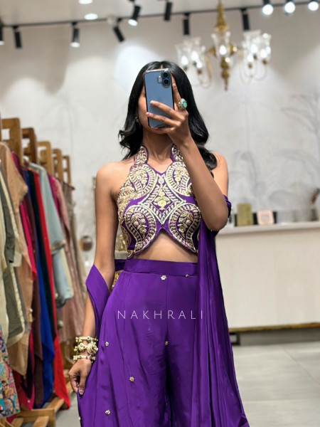 Ruhaya Indo Western Purple Crop Top Palazzo Set with Cut Dana Work
