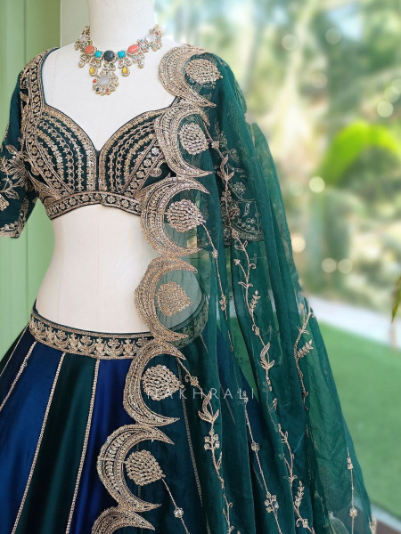 Nishika Navy Blue & Emerald Green Silk Satin Lehenga