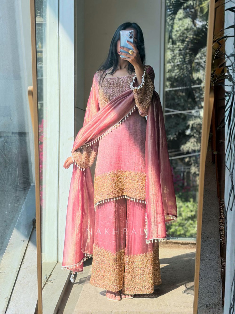 Image of Zoya Pink Tissue Suit Set with Zari Work