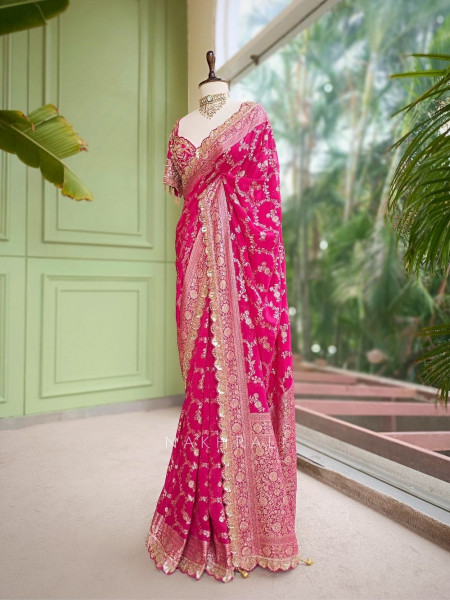 Tarangini Magenta Banarasi Silk Blend Saree with Readymade Blouse