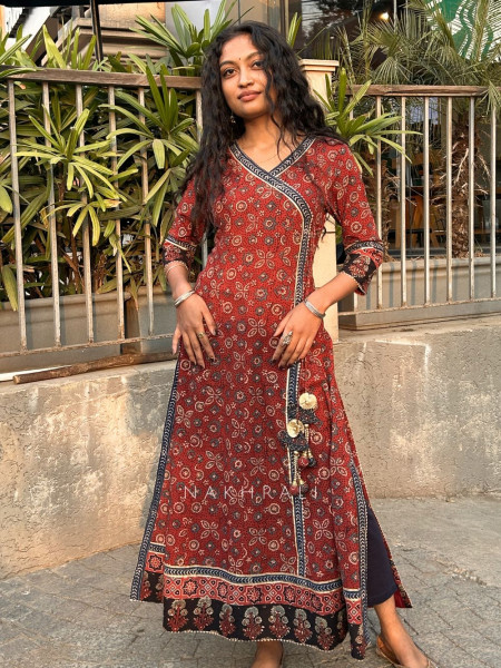 Umrao Red Angrakha Cotton Kurta Pant Set