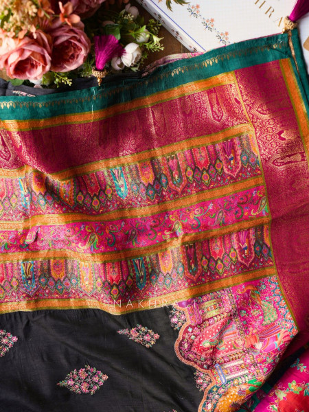 Sarovar Black Woven Motif Saree with Traditional Border