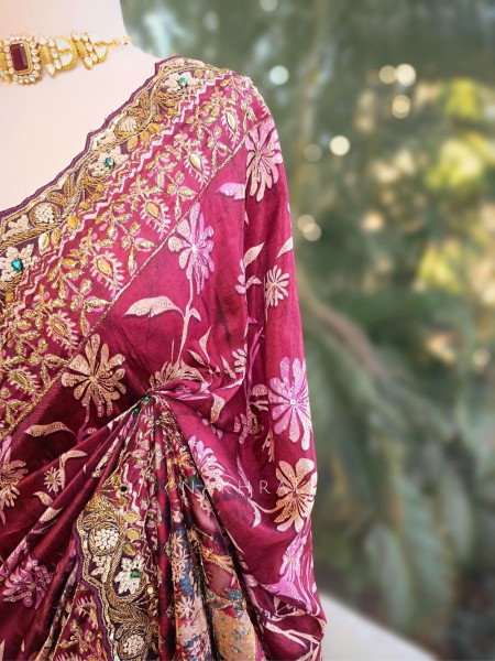 Velora Wine Saree with Zari and Mirror Work