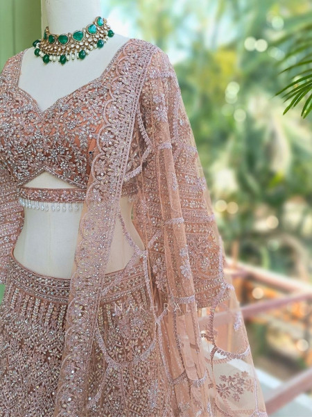 Kireva Peach Sequin Beaded Bridal Lehenga Set