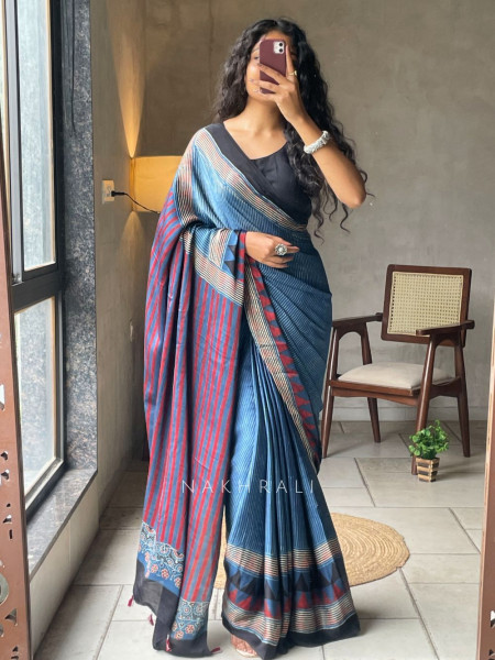 Dhani Blue Modal Silk Saree With Ajrakh Print