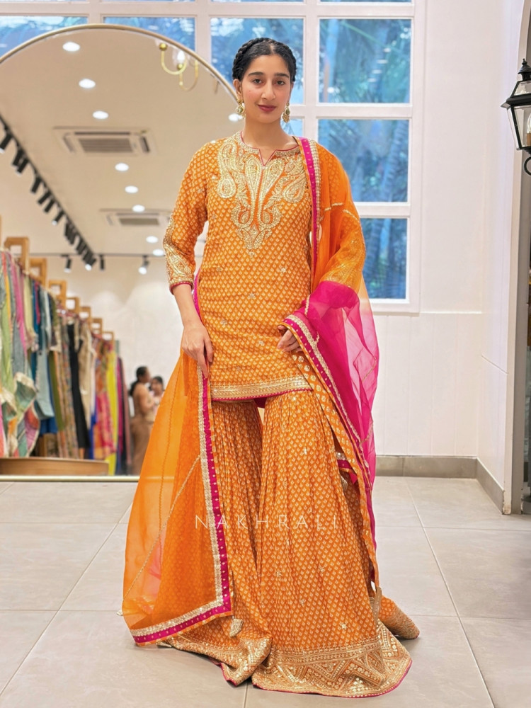 Image of Flare Luxe Orange Gharara Set with Pearl and Sequin Work