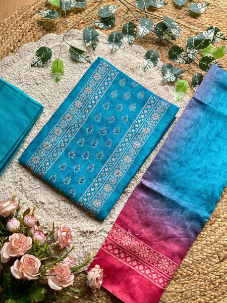 Prisha Classic Teal Blue Motif Dress Material