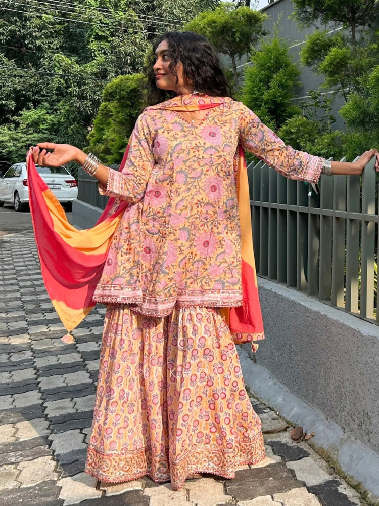 Image of Shanaya Noor Yellow Cotton Garara Suit Set with Dupatta