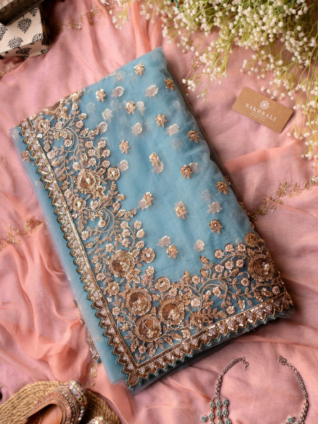 Orchids Blue Net Saree with Sequin, Cut Dana & Beads Work