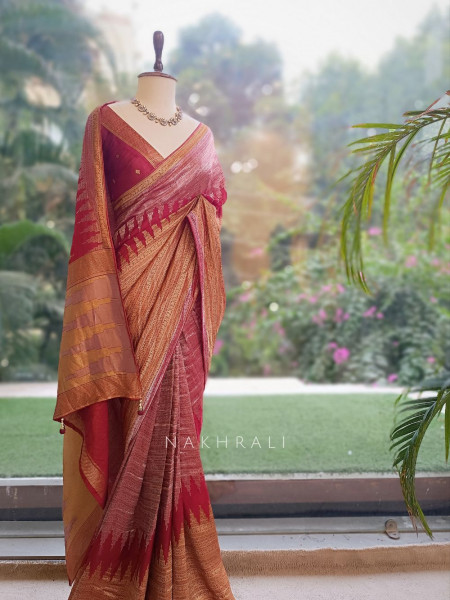 Tarkash Loom Brown Banarasi Chiniya Silk Saree with Ombre Zari Weaving & Temple Border