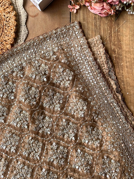 Tarangini Brown Net Saree With Cutdana and Sequin Work