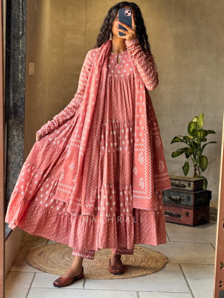 Mireya Peach Cotton Anarkali Suit Set with Printed Design