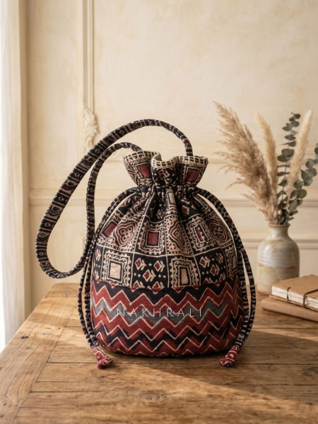 Bagh Red & Black Cambric Cotton Potli Bag