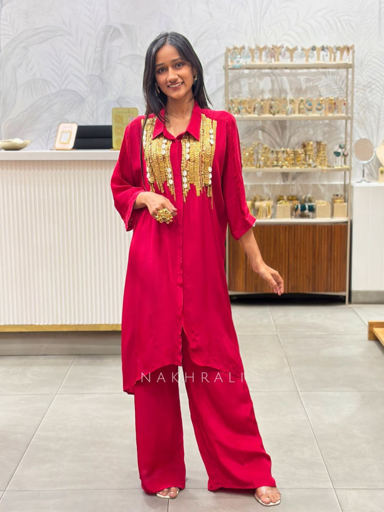 Image of Rivor Red Co-ord Set with Coin Embellishment