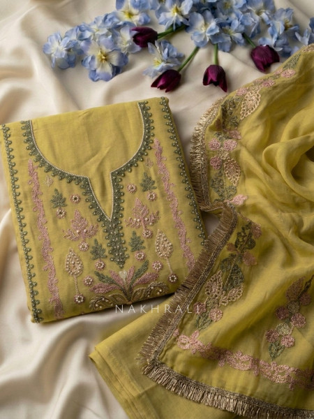 Pushpavalli Parrot Green Dress Material With Floral Embroidery and Pearl Detail