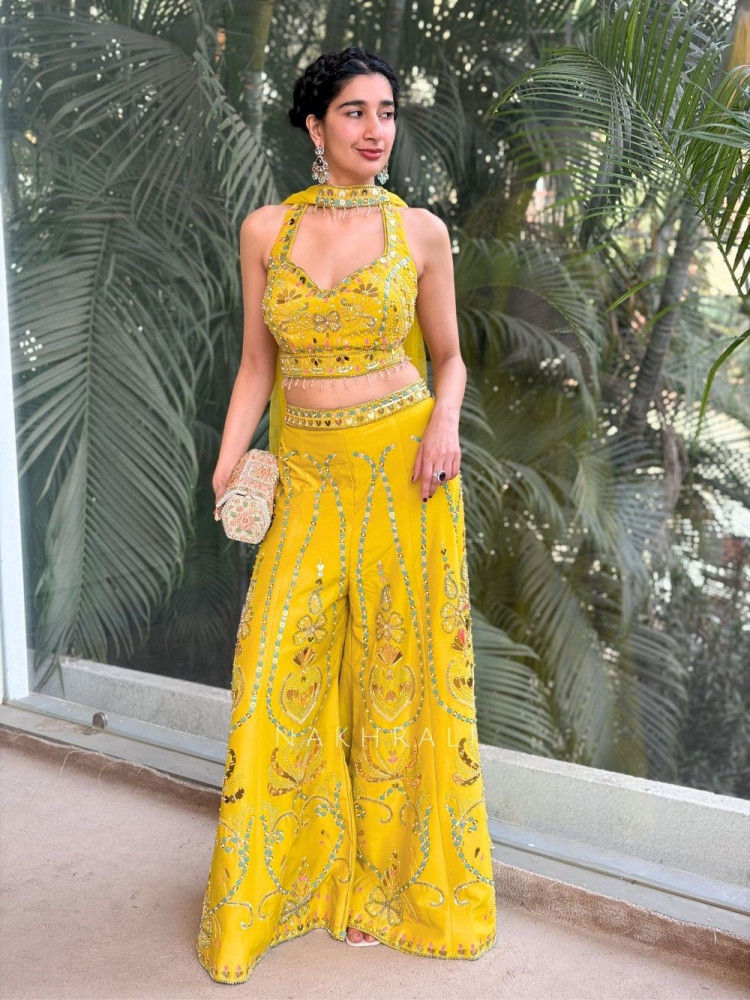 Image of Rosefire Yellow Embellished Crop Top Palazzo Set