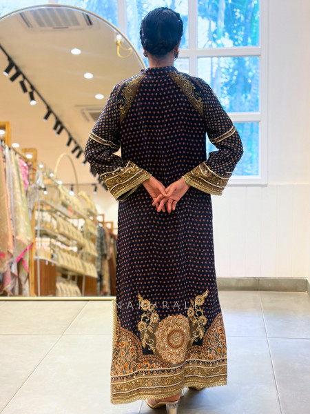 Nirvani Navy Blue Modal Silk Long Suit Set With Sheesha, Sequin & Gota Work