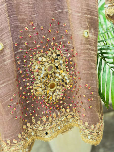 Aisha Purple Tissue Suit Set with Mirror and Gota Patti Work