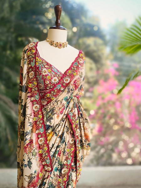 Maroon Crepe Silk Embroidered Saree with Readymade Blouse