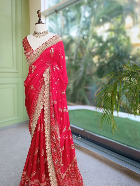 Surahi Red Pure Georgette Crepe Silk Bandhani Saree with Gota Patti Zardozi Border