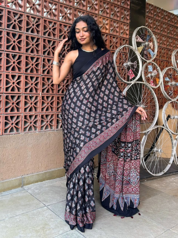 Image of Kashi Black Modal Saree with Ajrakh Print