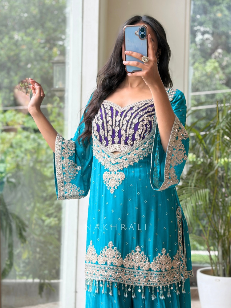 Image of Baroque Ensemble Firozi Georgette &amp; Velvet Bustier Palazzo Suit Set