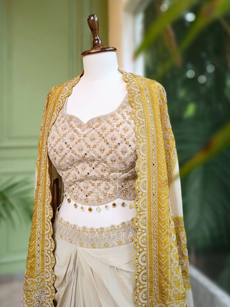 Saanvi Mehendi Green Crop Top Skirt with Embroidered Cape
