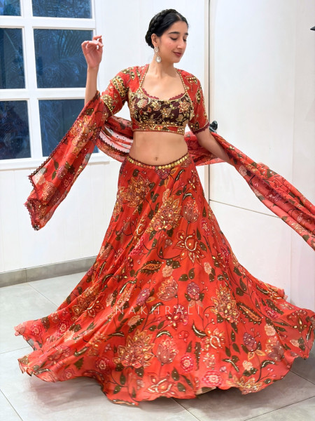 Aranya Red Red Chinon Silk Floral Printed Lehenga Set with Zardozi & Resham Work