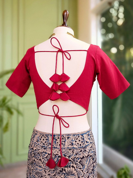 Rhea Red Cotton V-Cut Blouse with Tie-Back
