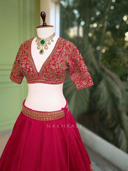 Viraasat Red Silk Bridal Lehenga with Zari Embroidery