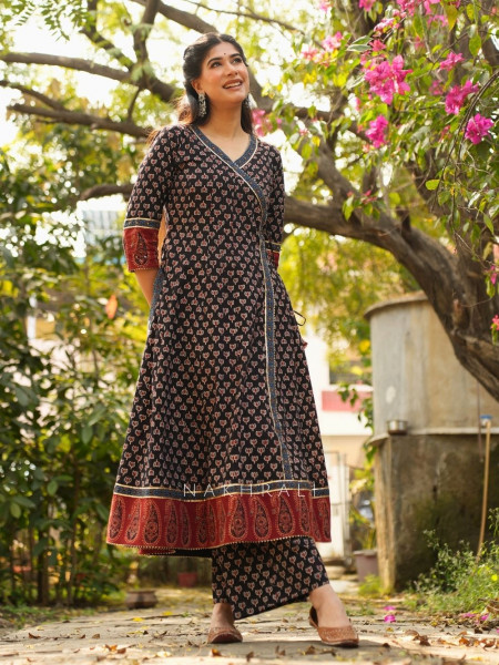 Mirza Black Angrakha Cotton Kurta Pant Set