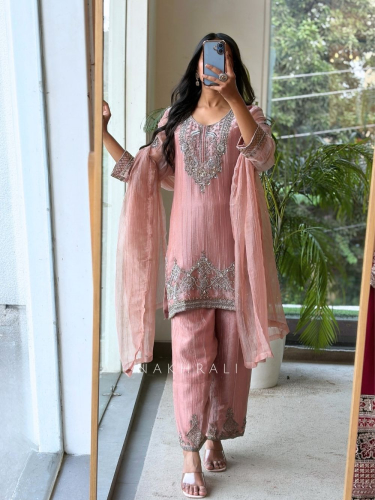 Image of Mrinalini Onion Pink Tissue Silk Suit Set