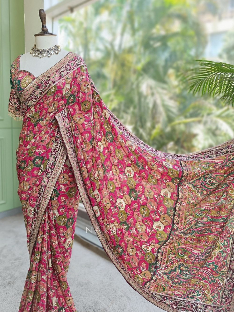 Image of Ravina Bottle Green Printed Saree with Sequin Embroidery