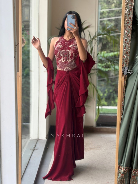 Kalyra Halter Mraoon Indo-Western Set