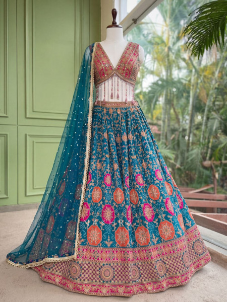 Gulaal-e-Firdaus Rama Green Lehenga Set Embroidery & Mirror Work