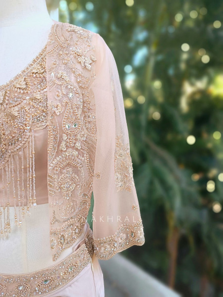 Vireza Ivory Crop Top Skirt Set with Bead and Sequin Work