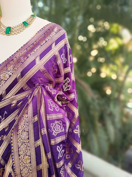 Rangriti Purple Bandhani Saree with Gota Border