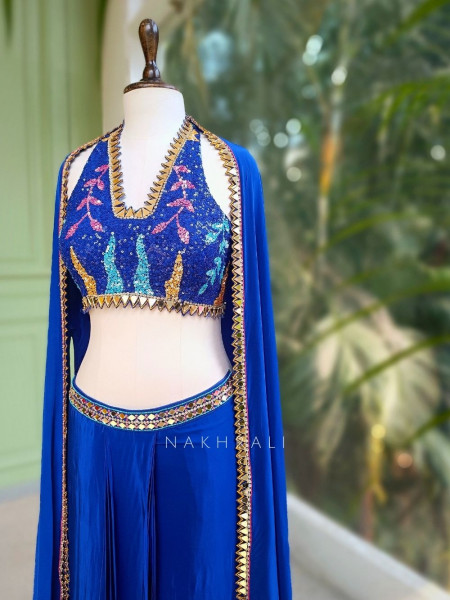 Willow Blue Halter Indo-Western Set with Cape Shrug