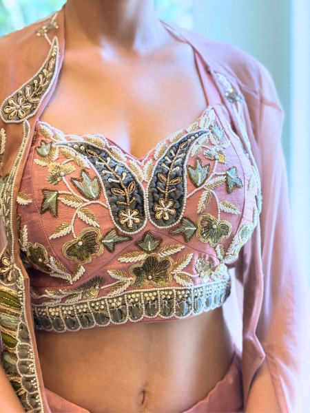 Avelyn Pink Indo-Western Lehenga Set with Embroidered Cape