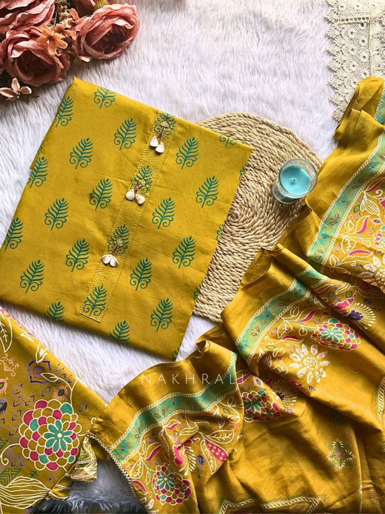 Image of Harini Mustard Cotton Printed Dress Material