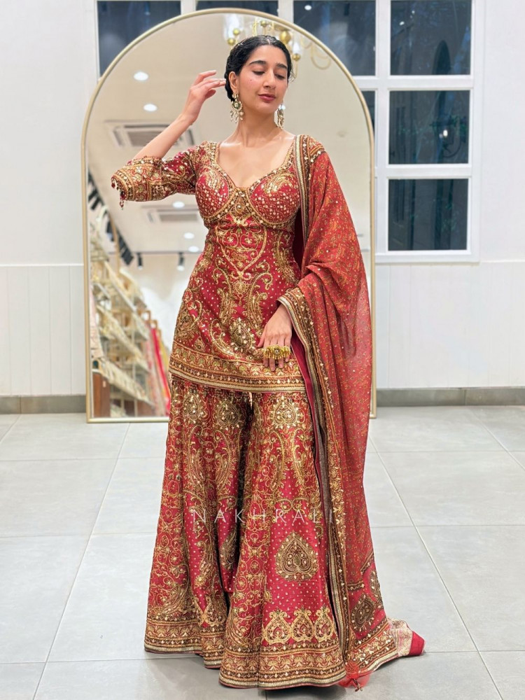 Image of Sargam Red Suit Set Printed Embroidery &amp; Sequin Work