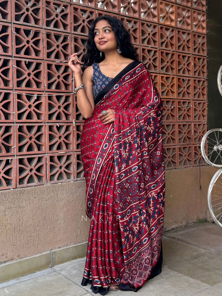Image of Kritika Red &amp; Black Modal Silk Ajrakh Print Saree